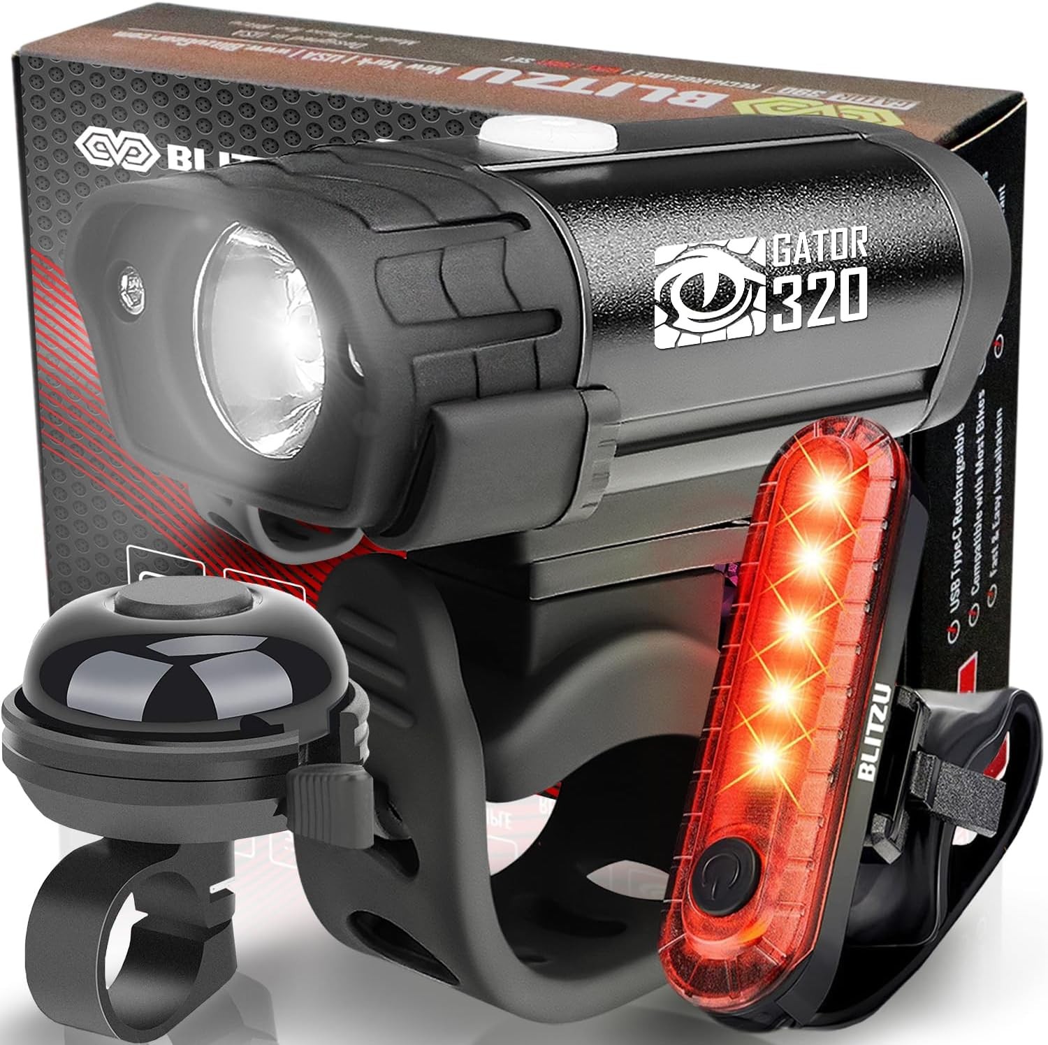 Generic USB Rechargeable Bike Lights Set with Bell, LED Front & Rear