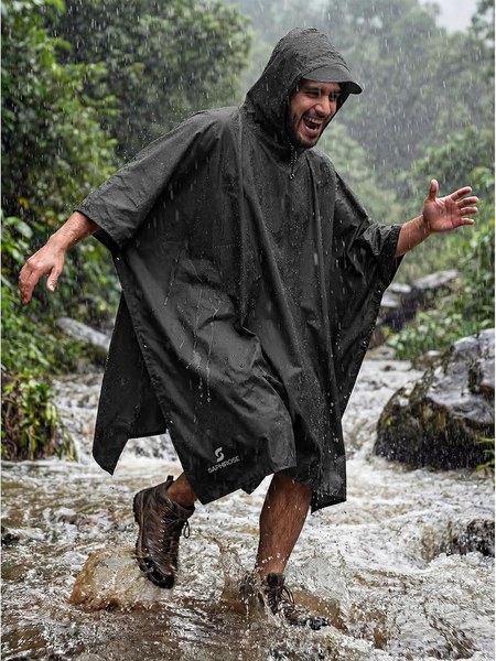 SaphiRose Hooded Rain Poncho Waterproof Raincoat (below-knee packable)